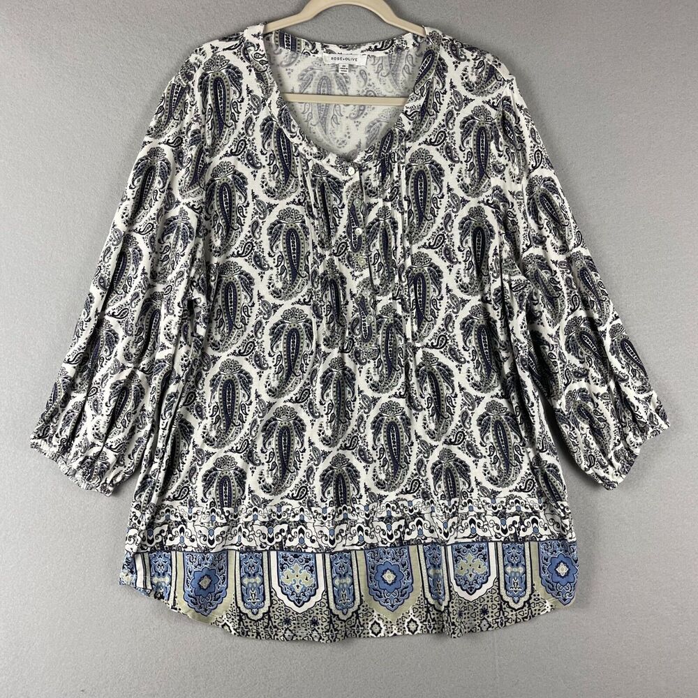 Rose Olive Tunic Top Womens 2X Paisley‎ Pintuck Button Stretch Relaxed Casual